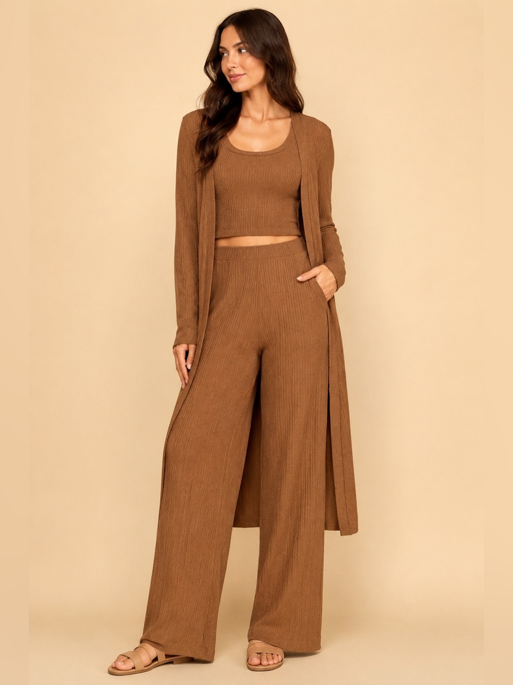NWT 3 Piece Ribbed Knit Matching Set Duster Tank Wide Leg Pants L - Picture 3 of 12